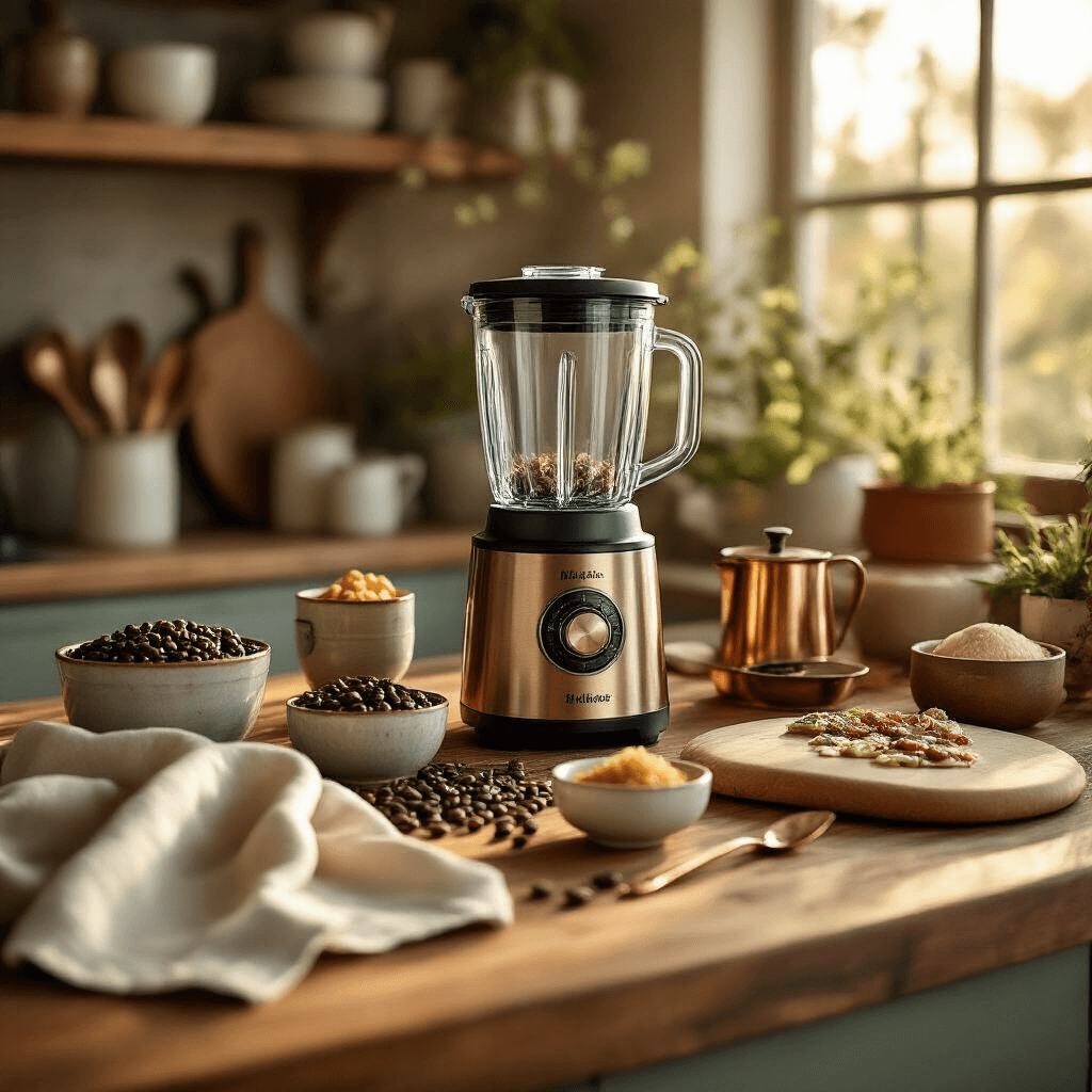 A cozy kitchen scene featuring a Magic Bullet blender beside artisan coffee beans, small ceramic bowls filled with gourmet ingredients, and a personalized pizza peel, all enhanced by warm golden hour lighting on a rustic wooden countertop, with soft linen tea towel and copper kitchen tools, in a rich terracotta and sage green palette.