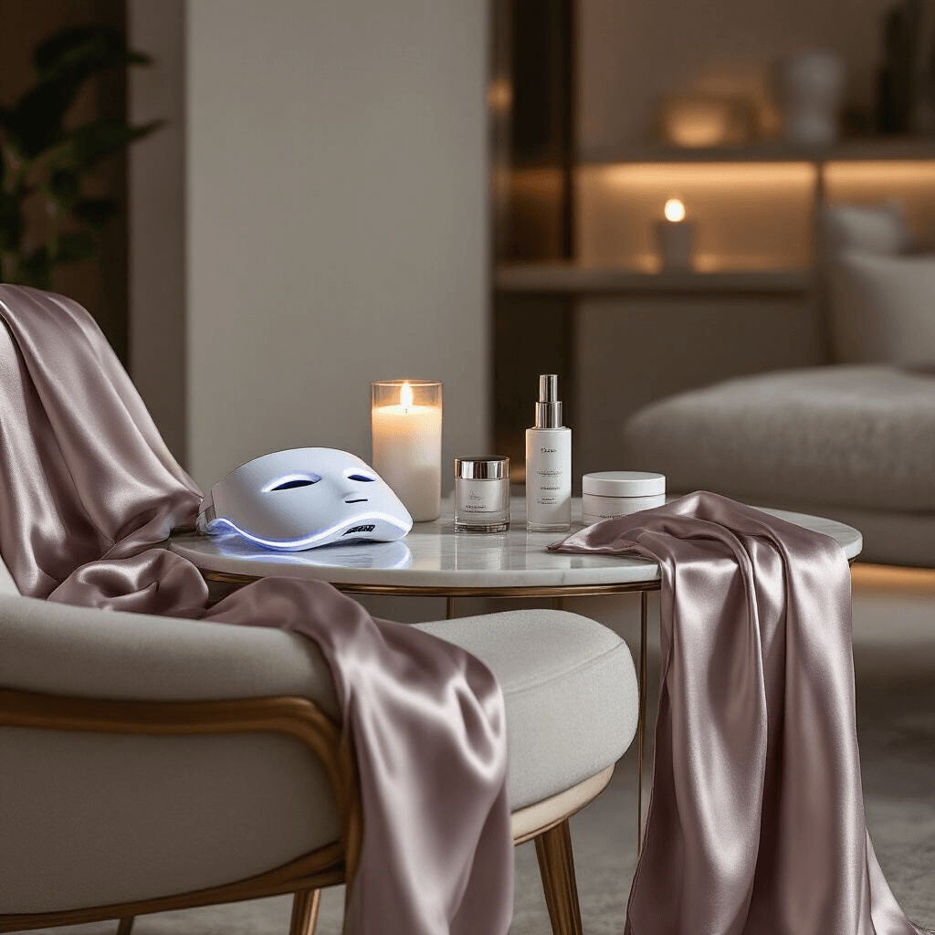 A luxurious beauty technology setup in a minimalist apartment, featuring an LED face mask on a marble side table surrounded by stylish skincare products, with designer silk satin lounge pants draped on a mid-century modern chair, illuminated by soft candlelight that enhances the elegant glass and metallic accents in a refined palette of silver, ivory, and soft lavender.