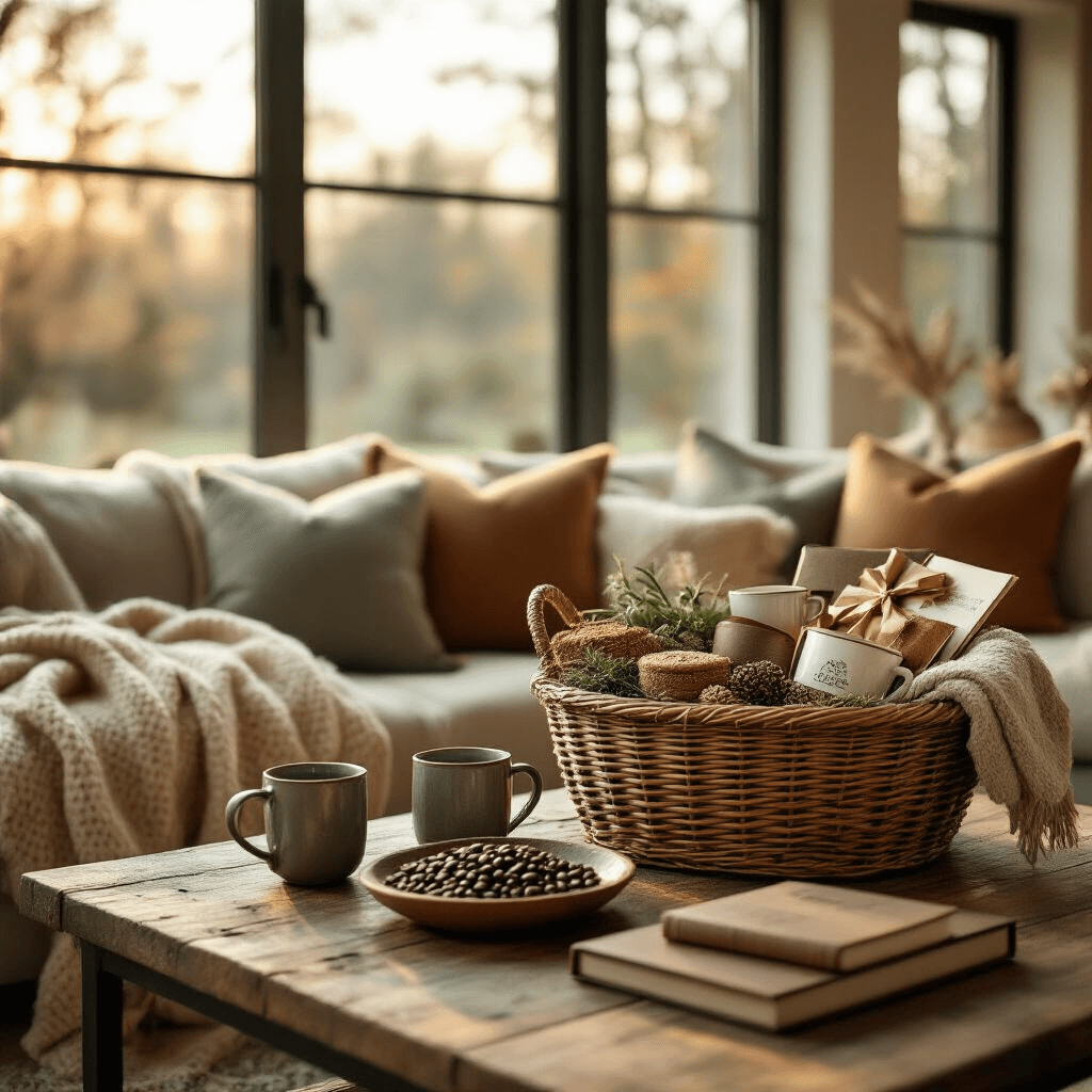 A cozy living room with a luxurious housewarming gift basket on a rustic wooden coffee table, bathed in golden hour light. Plush throw blankets, artisan coffee beans, and gourmet treats are arranged in muted terracotta and sage green tones, creating an inviting atmosphere. A knitted blanket, ceramic mugs, and a leather-bound cookbook add layered textures, all captured from an overhead angle against a softly blurred background of modern minimal furniture.