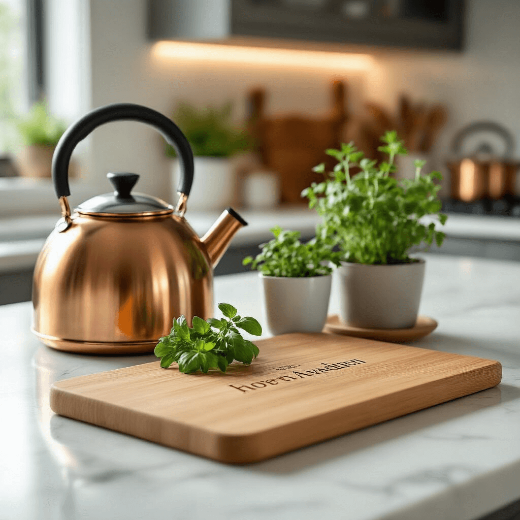 An elegantly styled kitchen countertop featuring a gleaming copper kettle, a bamboo cutting board with a laser-engraved address, and a small potted herb garden, all set against crisp white marble surfaces and bathed in soft morning light, highlighting the blend of metallic and natural wood tones in a contemporary kitchen design.