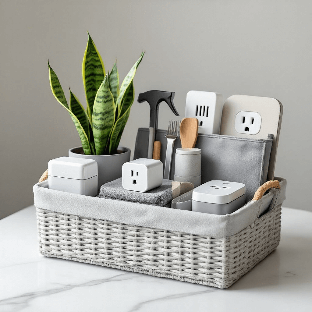 A flat lay image of a neatly arranged first apartment gift basket on a white marble surface, featuring a basic toolkit, smart plugs, compact storage solutions, and a low-maintenance snake plant, all in a neutral color palette of grays and whites, with strategic lighting highlighting the modern, practical design.