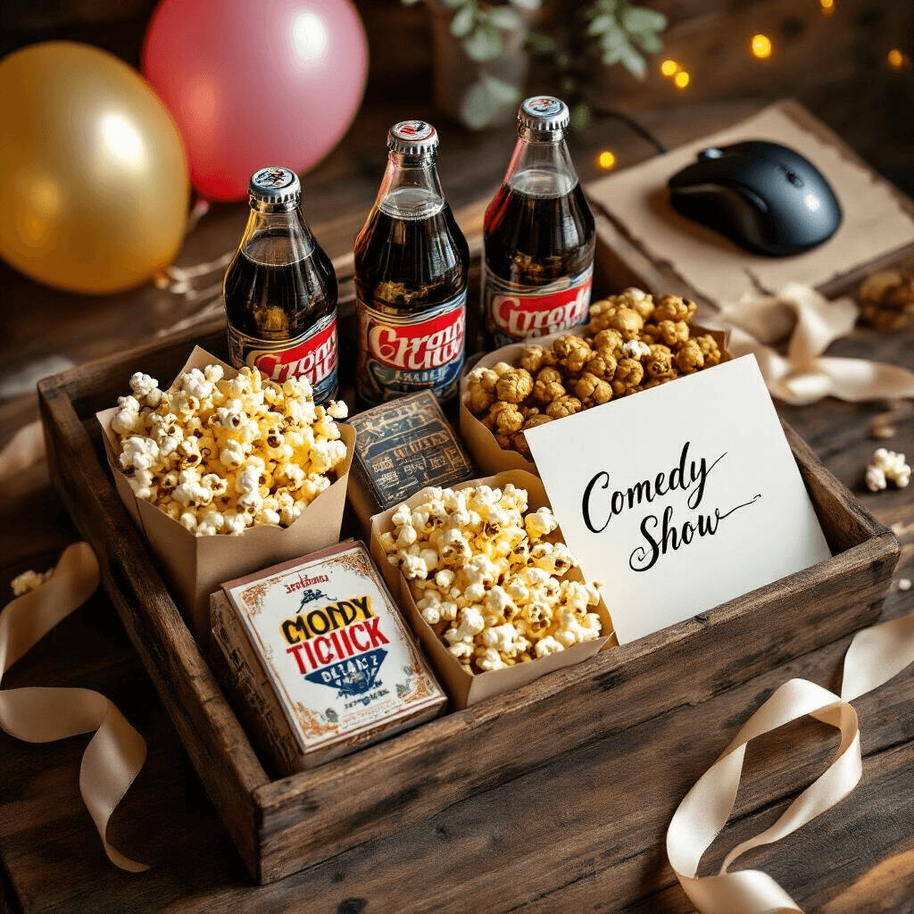 A beautifully arranged birthday hamper on a rustic wooden surface, showcasing craft sodas, gourmet popcorn in elegant packaging, a vintage gaming mousepad, comedy show tickets tied with silk ribbon, bright balloon accents, and a handwritten card in calligraphy, captured from an overhead angle in warm, golden hour lighting.