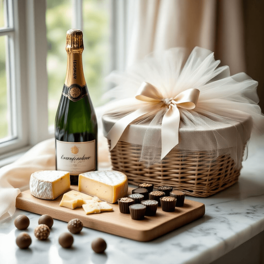 Elegant wedding hamper displayed on a marble countertop, featuring premium champagne, artisan cheeses on a wooden board, gourmet chocolate truffles, and a tulle-wrapped basket in soft natural light, emphasizing textures and intimate details.