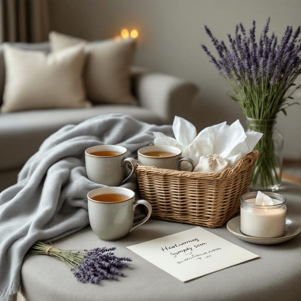 A minimalist living room featuring a heartwarming sympathy hamper, with a dove gray throw blanket, artisan ceramic mugs with herbal tea, elegant glass containers of homemade soup, lavender sachets, high-quality tissues, and a handwritten note, all under muted lighting for a comforting atmosphere.