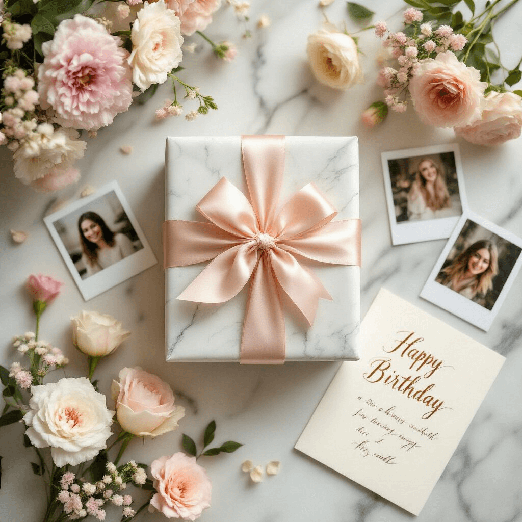 A beautifully arranged birthday gift wrapping scene on a marble surface, showcasing an elegantly wrapped present with blush silk ribbon, surrounded by pastel flowers, scattered polaroid photos, and a personalized calligraphy card, all illuminated by soft golden hour lighting from an overhead angle.