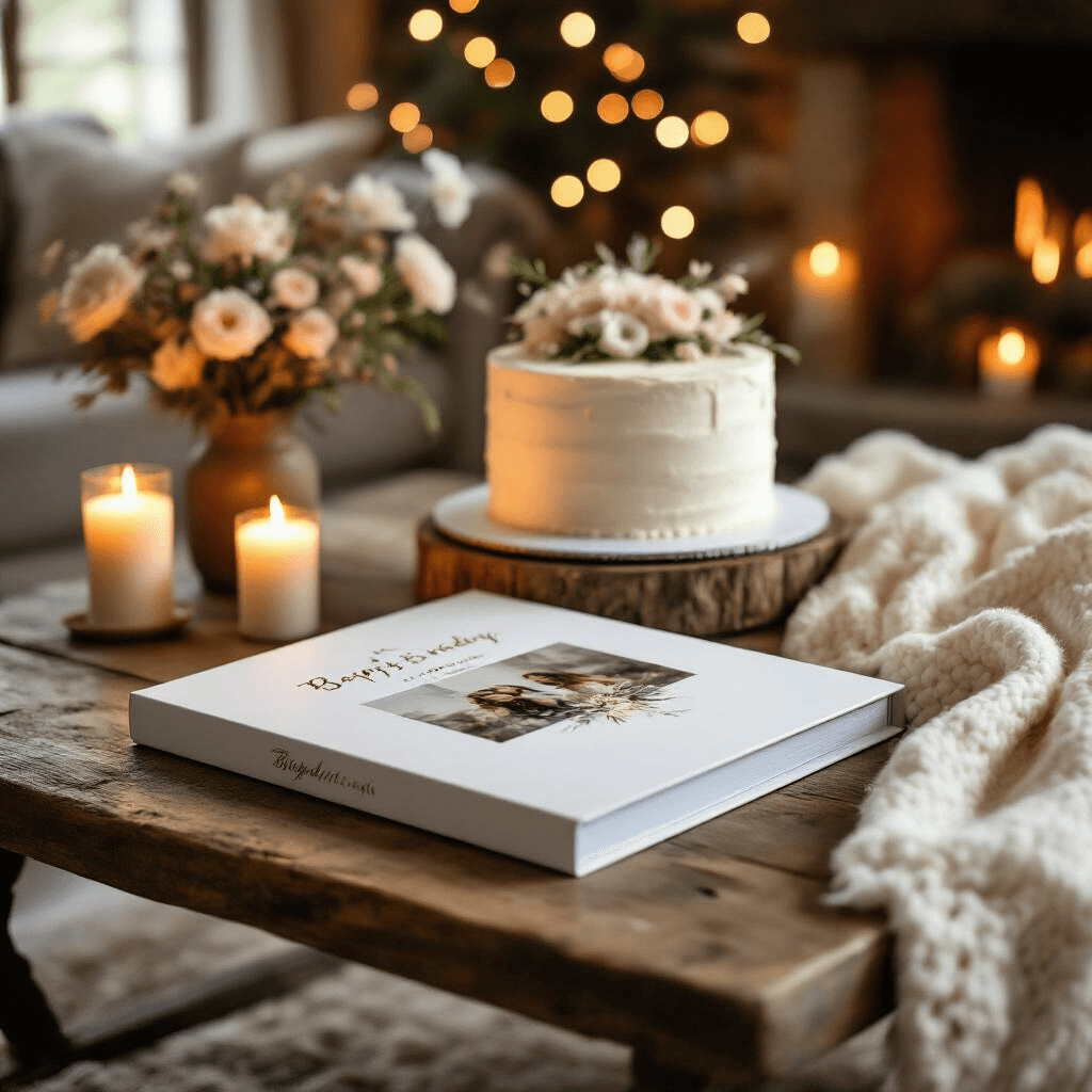 An intimate home celebration scene featuring a custom photo book on a rustic coffee table, warm candlelight casting shadows, a soft ivory throw blanket nearby, twinkling fairy lights in the background, and a softly focused personalized birthday cake with delicate floral decorations, capturing the emotional moment of gift reveal.