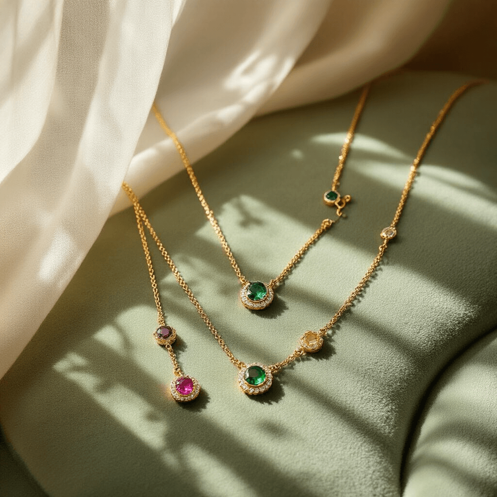 A collection of birthstone necklaces with delicate gold chains arranged on a sage green velvet surface, illuminated by soft morning light filtering through sheer curtains, showcasing intricate details and shadows in a professional flat-lay setting.