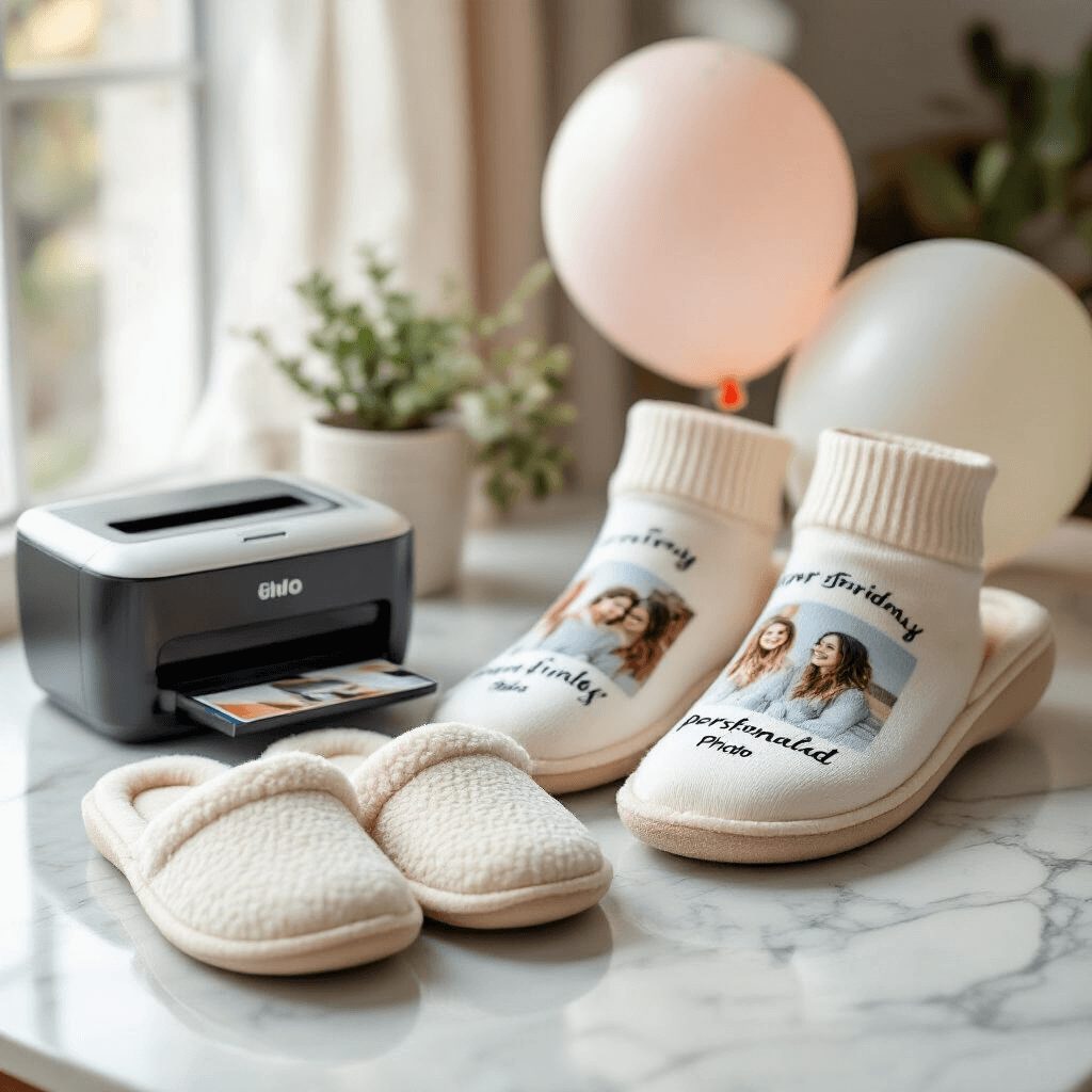 A cozy gift setup featuring memory foam slippers, personalized photo socks, and an instant photo printer on a minimalist marble countertop, embellished with playful balloon decorations and a handwritten card, all bathed in soft natural light.