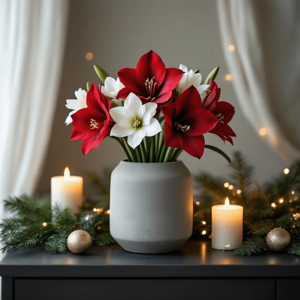 Flower Gift Ideas That'll Make You Look Like You Actually Put Thought Into It An intimate holiday flower arrangement featuring deep red amaryllis and white paperwhites in a minimalist concrete vase on a dark wood console table, enhanced by soft candlelight, fairy lights, and metallic accents, set against deep green foliage and sheer white drapery.