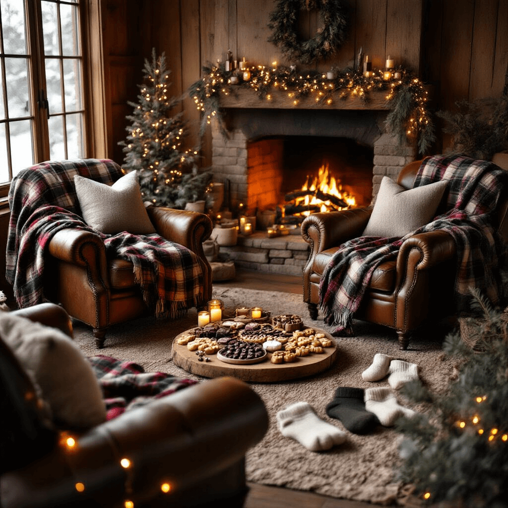 A cozy winter gift exchange scene in a rustic wood-paneled living room, featuring plaid throw blankets on vintage leather armchairs, a handcrafted charcuterie board with chocolates, soft wool socks by a crackling fireplace, and delicate fairy lights, all captured in warm golden hour lighting from an overhead angle.