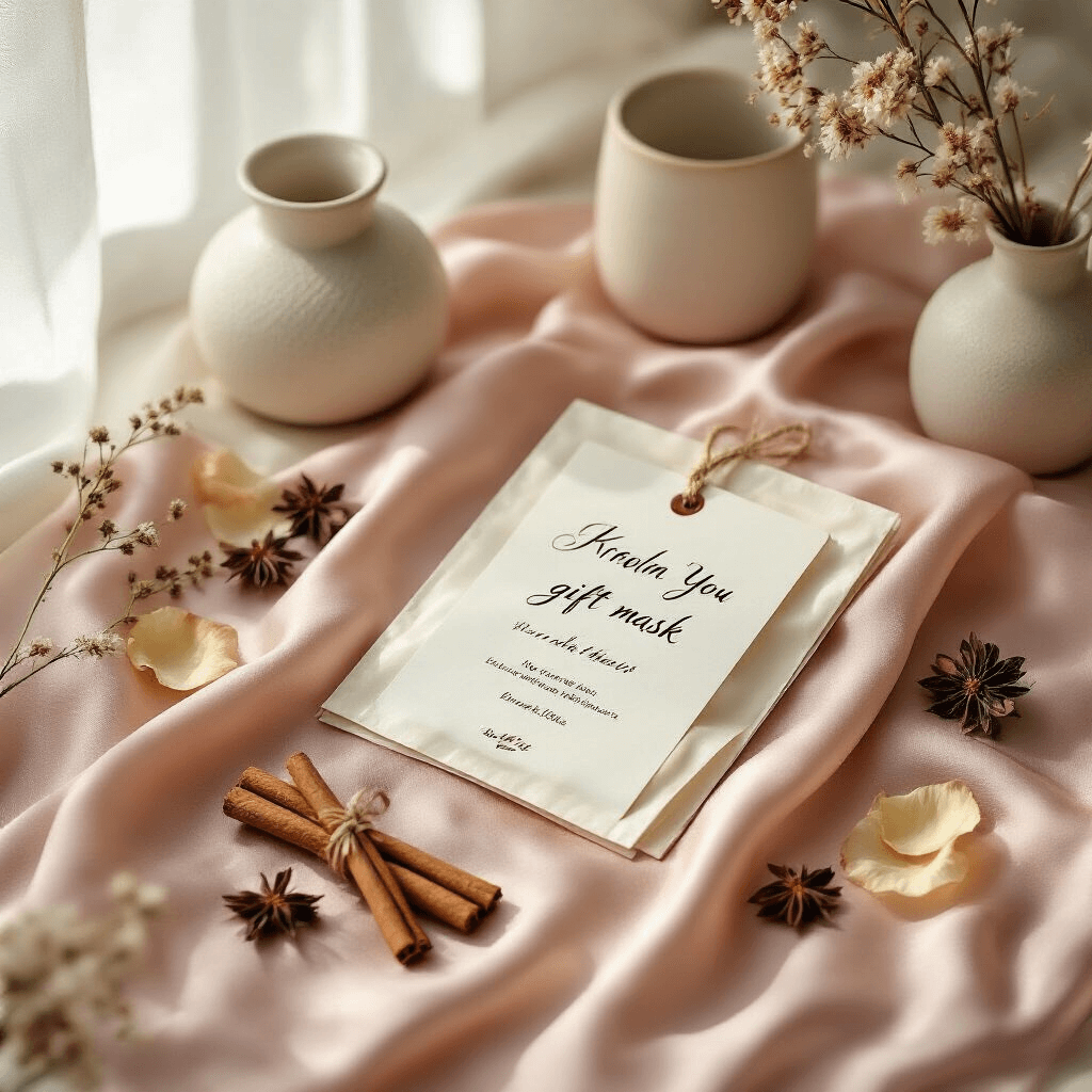 Luxurious flat lay arrangement of Korean sheet masks on blush pink silk, adorned with a handwritten calligraphy gift tag, cinnamon sticks, and dried flower petals, all illuminated by soft morning light filtering through sheer curtains, complemented by neutral ceramics and glass props with metallic accents.