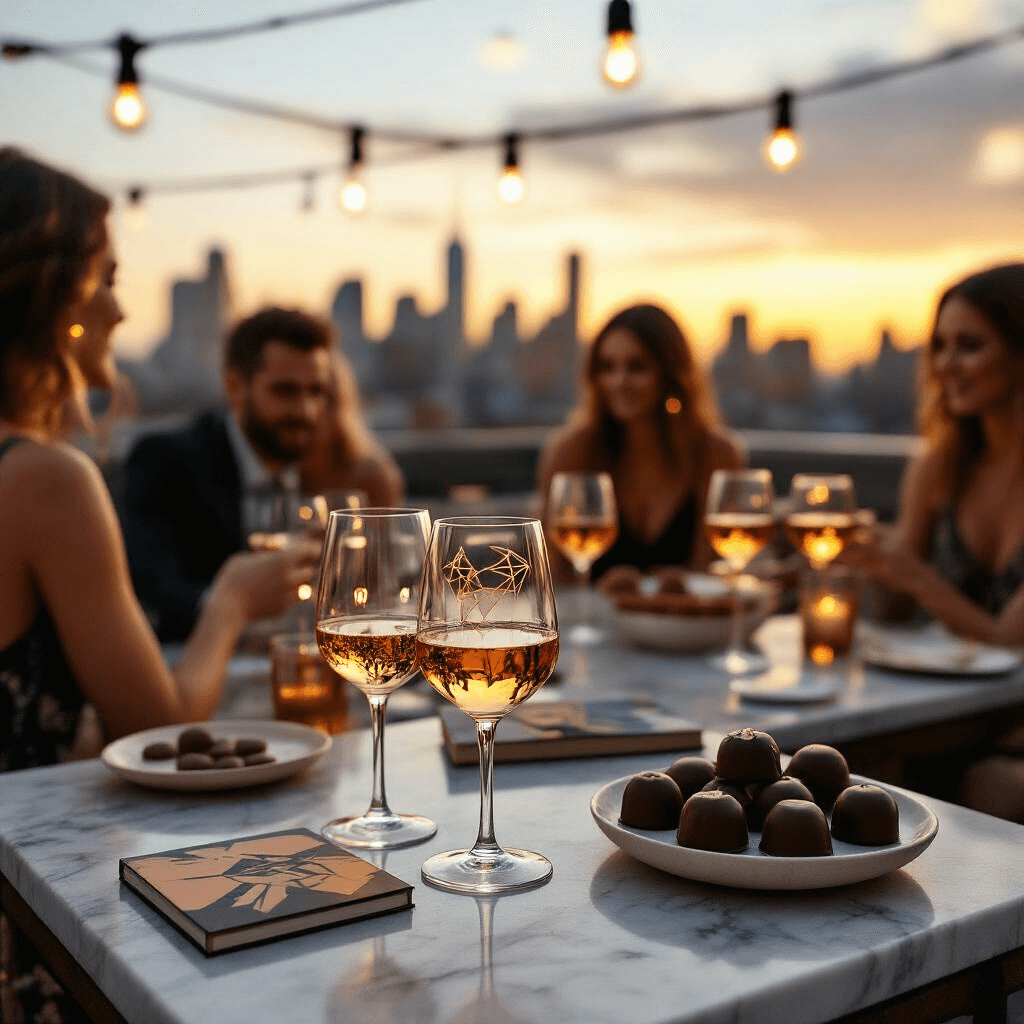 Whimsical rooftop cocktail party with modern minimalist decor, featuring stemless wine glasses, soft lighting from string lights, marble side tables with quirky coasters, guests in relaxed yet sophisticated attire, a cityscape at sunset, and close-up of artisan chocolates and specialty coffee as party favors.