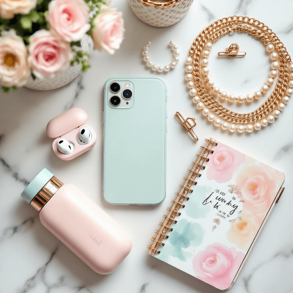 Flatlay of trendy teen accessories on a marble surface, featuring pastel wireless earbuds, layered gold chain necklaces, a sleek phone with a pop socket, pearl hair clips, a rose gold claw clip, an aesthetic water bottle with time markers, and a bullet journal with watercolor accents, all illuminated by soft natural light.