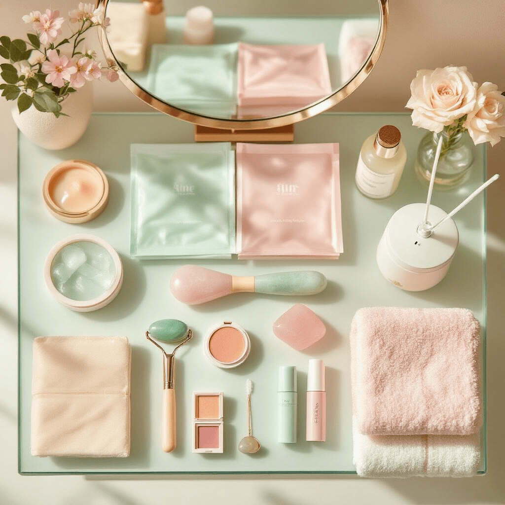 A minimalist skincare setup featuring a glass vanity bathed in soft morning light, showcasing pastel sheet masks, a jade roller, a rose quartz gua sha tool, tinted lip balms in a geometric arrangement, a cute compact mirror, an aesthetic diffuser with essential oils, and soft neutral towels, all reflecting a modern teen's self-care ritual.