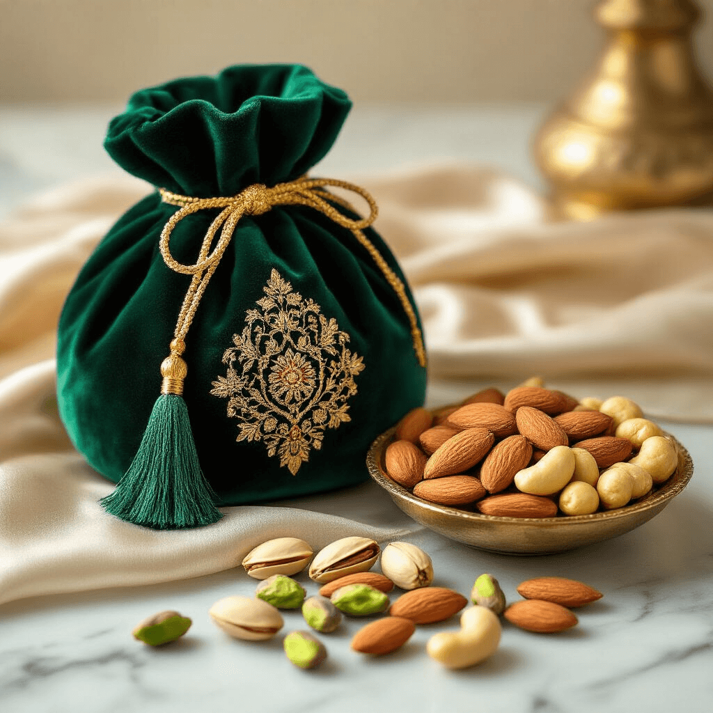 Luxurious emerald green velvet potli bag with gold embroidery and tassel, filled with pistachios, almonds, and golden cashews, placed on a marble surface over delicate silk fabric, showcasing a blend of traditional Indian gifting and modern elegance.