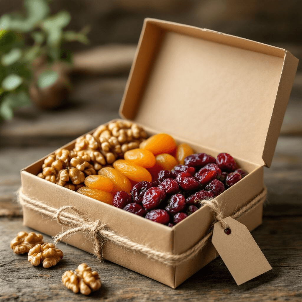 Eco-friendly kraft paper box open to display layered dry fruits in warm autumn colors, accented by jute twine and a plantable seed paper tag, all styled on a reclaimed wooden surface in soft natural daylight.