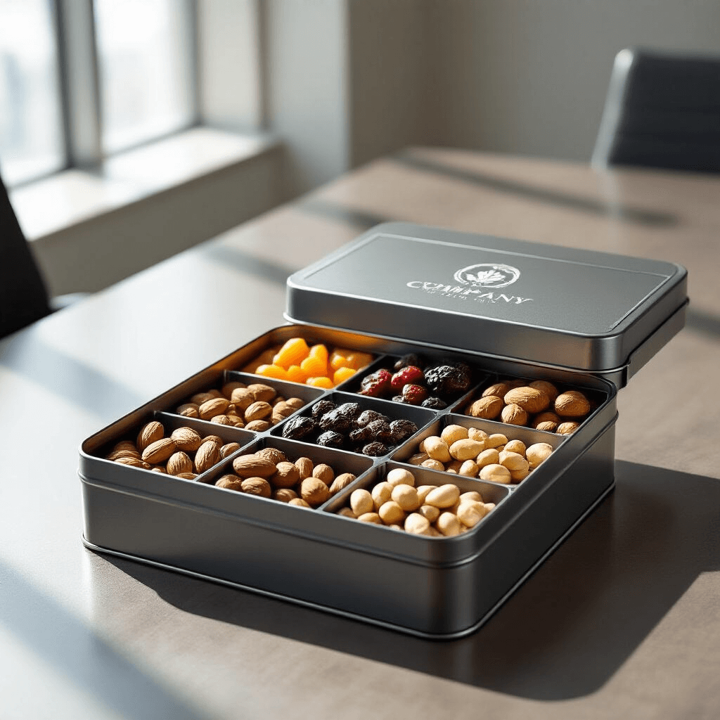 Sleek dark grey metal tin with precision-cut compartments filled with premium nuts and dried fruits, featuring an embossed silver company logo, positioned on a polished conference room table under professional lighting.