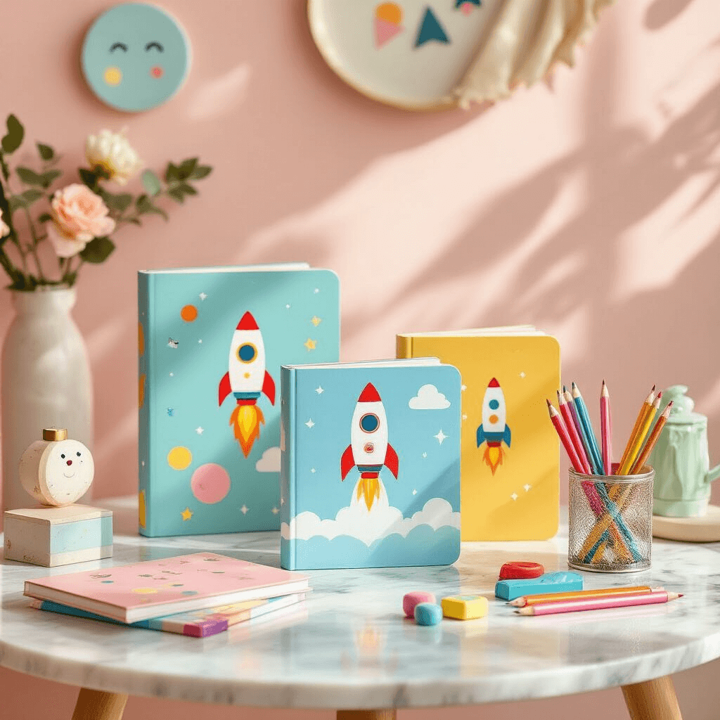 Return Gift Ideas That'll Actually Make Your Guests Happy (Not End Up in Their Junk Drawer) A beautifully curated arrangement of colorful stationery sets on a marble-topped table for a children's party return gift, featuring space rocket themed notebooks, metallic pencils, and playful erasers, set against a soft pastel background with whimsical wall decor, illuminated by natural afternoon light casting gentle shadows.
