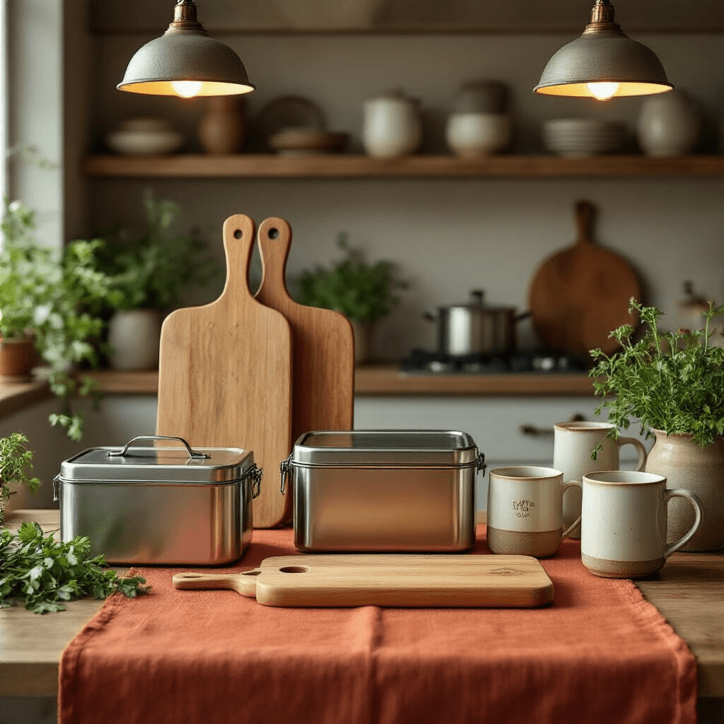 Return Gift Ideas That'll Actually Make Your Guests Happy (Not End Up in Their Junk Drawer) An intimate kitchen-themed return gift display featuring personalized wooden cutting boards, stainless steel lunch boxes, and ceramic mugs, arranged on a terracotta linen runner with ambient pendant lighting, accompanied by fresh herbs and minimalist ceramic accessories.