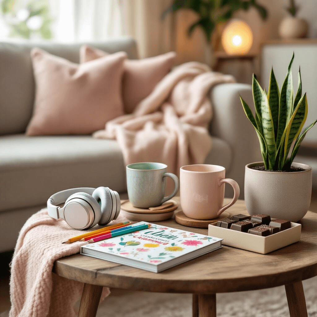 Intimate living room with soft lighting featuring a rustic wooden side table holding a colorful adult coloring book, premium pencils, noise-canceling headphones, artisan tea mugs, gourmet chocolate, and a potted snake plant. A plush throw blanket drapes over a modern minimalist armchair, all in a blush pink and cream color palette, evoking comfort and support for recovery.