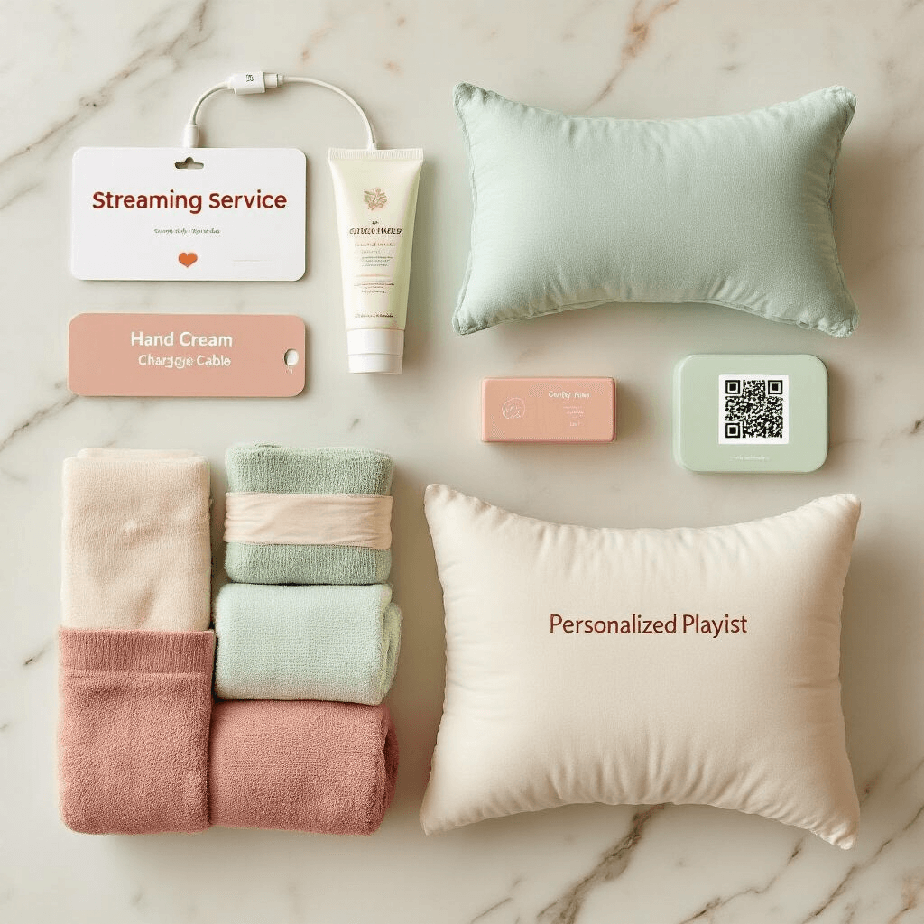 Overhead view of a beautifully arranged recovery care package on a marble countertop, featuring a streaming service gift card, long phone charging cable, hand cream, pastel sheet masks, a lightweight body pillow, cozy grip socks, and a personalized playlist QR code, with soft natural lighting highlighting a muted terracotta and sage color scheme.