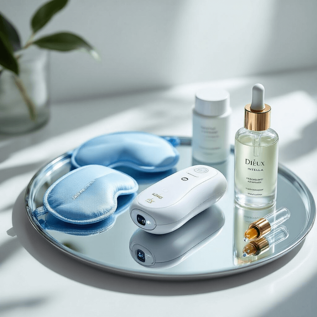 A close-up shot of a wellness and skincare device setup featuring a NuFace Trinity+ device on a sleek mirrored tray, accompanied by Grace & Stella blue eye masks, Dieux Instant Angel moisturizer, and a delicate glass dropper, all presented under soft diffused lighting against a clean white background with subtle shadows, showcasing professional skincare technology and luxurious product design.