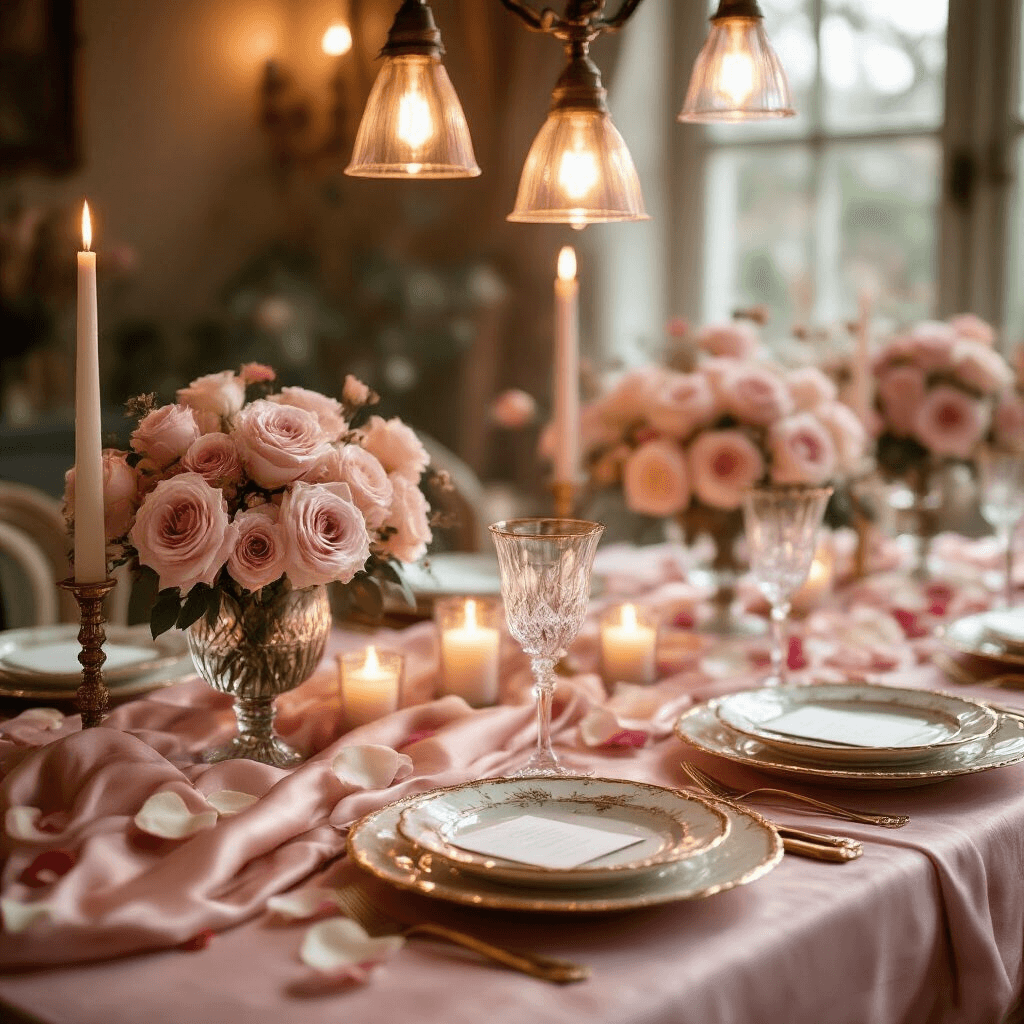 Valentine's Day Gift Ideas That Actually Show You Care (Not Just Another Candle) A romantic Valentine's dinner party scene featuring an intimate tablescape with blush pink silk linens, delicate rose centerpieces in vintage crystal vases, gold-rimmed porcelain plates, scattered rose petals, and soft candlelight, captured from an elegant overhead angle.
