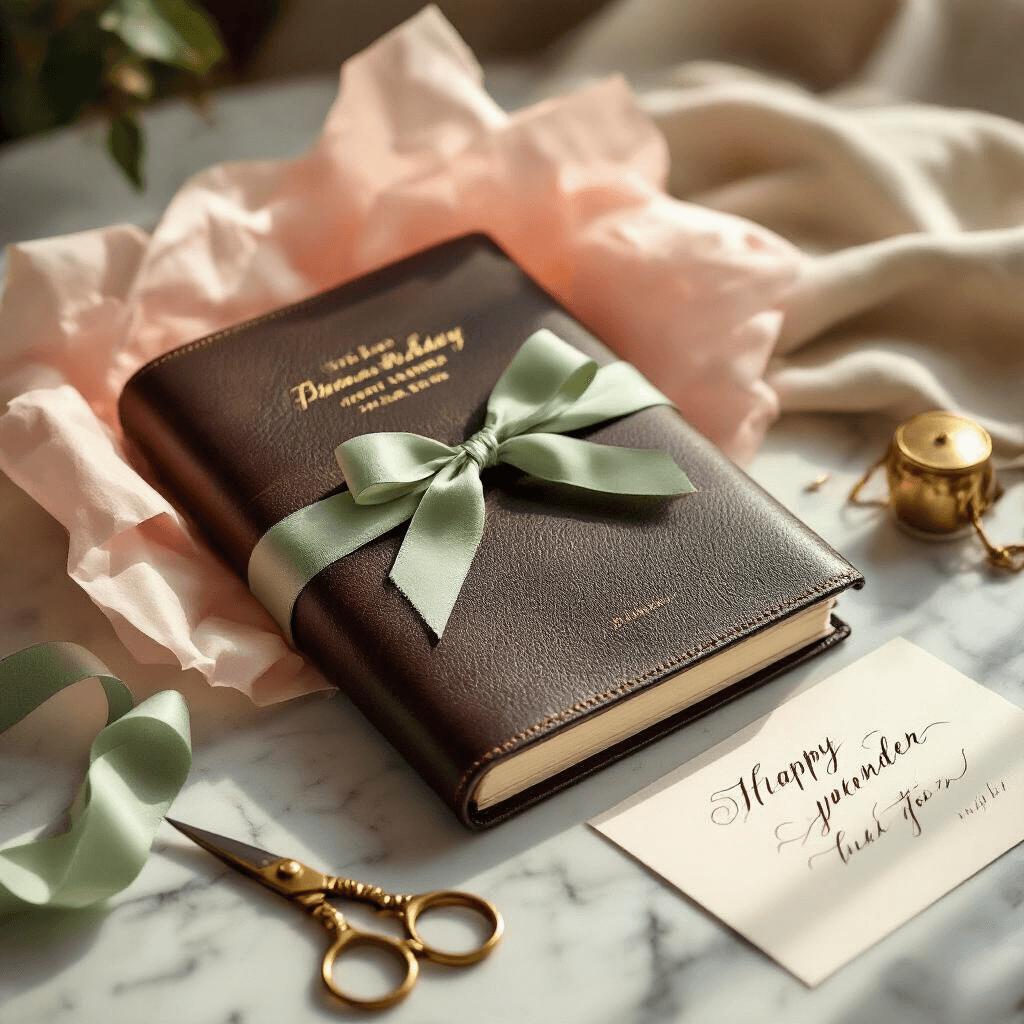 Birthday Gift Ideas That'll Actually Make Someone's Day (Not End Up in a Drawer) A beautifully arranged birthday gift scene featuring an elegantly wrapped personalized leather journal on a marble countertop, adorned with blush pink tissue paper and sage green ribbon, accompanied by vintage brass scissors and a handwritten calligraphy card, all illuminated by soft golden afternoon light.