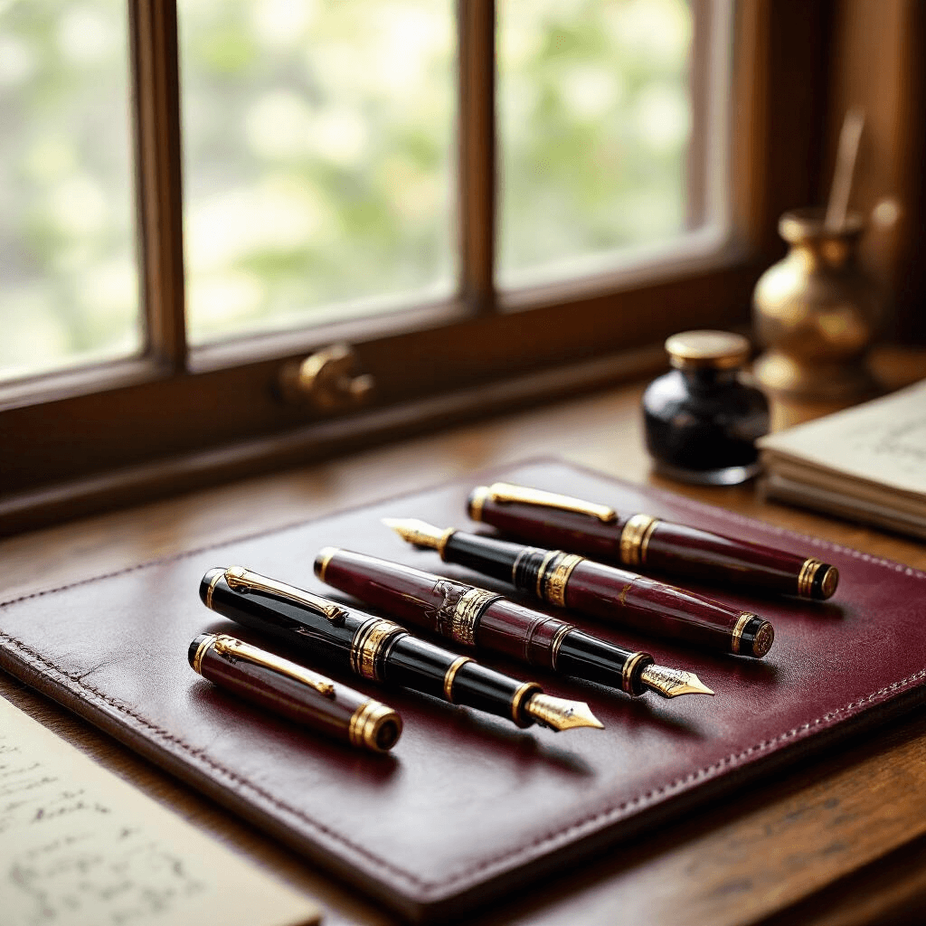Birthday Gift Ideas That'll Actually Make Someone's Day (Not End Up in a Drawer) A meticulous arrangement of a fountain pen set with mother-of-pearl accents on an aged leather desk blotter, accompanied by handmade Japanese paper and a vintage inkwell, all beautifully illuminated by soft morning light, showcasing rich burgundy and gold tones in a macro photography style that captures intricate pen details.