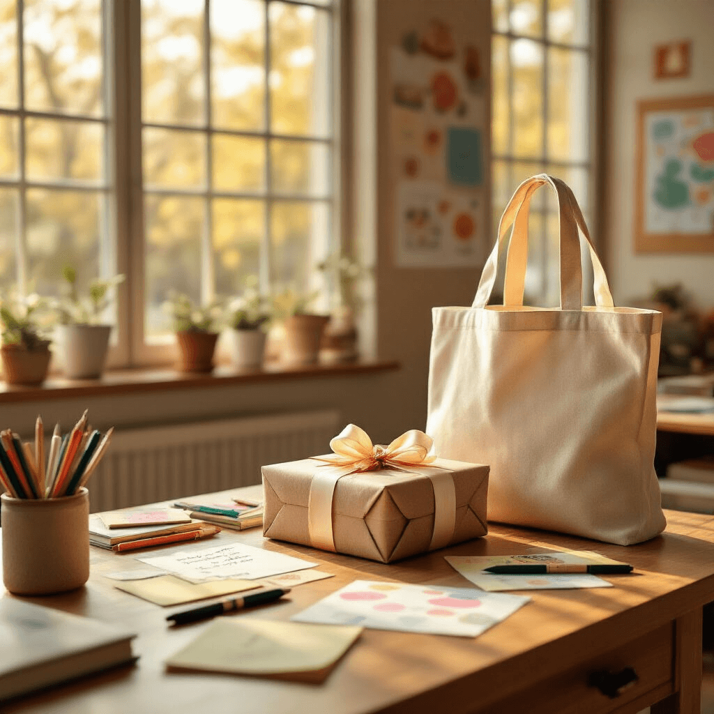 A warm, golden afternoon light fills a photorealistic teacher's classroom where a teacher is joyfully receiving a wrapped gift, surrounded by colorful notes, premium pens, and a personalized tote bag, with educational posters and student artwork adorning the walls.