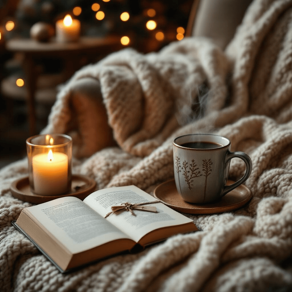 An overhead view of a cozy living room during winter break, featuring a plush throw blanket draped over a reading chair, a steaming mug of artisan coffee, an open book with a delicate bookmark, and a beautifully crafted gift card envelope, all illuminated by soft candlelight in a warm terracotta and sage color scheme.