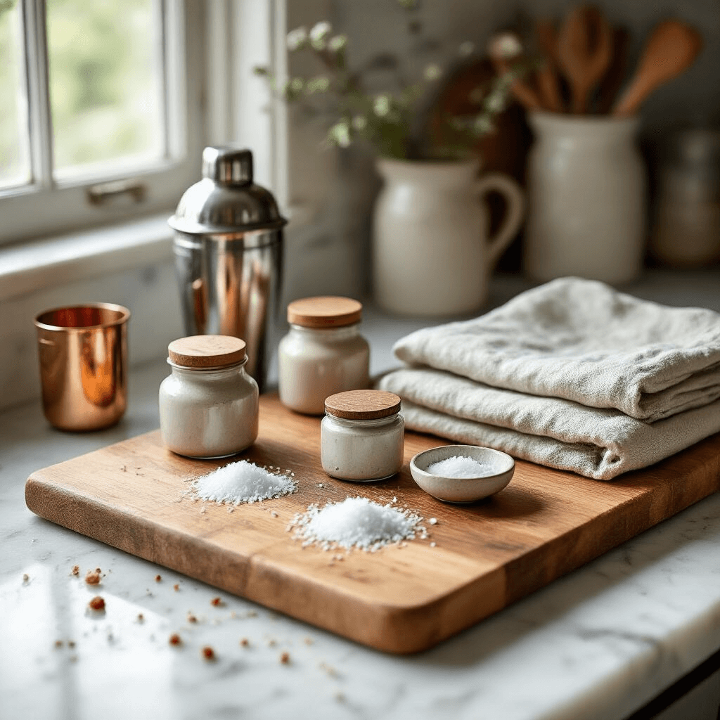 Intimate kitchen scene showcasing a hand-crafted wooden cutting board with a live wood edge, artisan ceramic jars filled with specialty salts, folded cream and gray linen kitchen towels, a vintage cocktail shaker, and warm morning light illuminating a marble countertop with copper accents, emphasizing the textures and craftsmanship of the accessories.