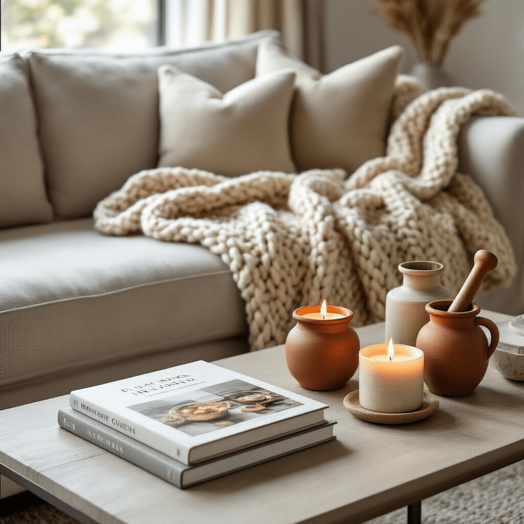 Cozy living room corner featuring an oatmeal-colored chunky knit throw over a modern neutral sofa, a coffee table with a regional cuisine book and beeswax candles in terracotta vessels, all bathed in soft afternoon light, complemented by a wooden and marble mortar and pestle and layered neutral textures.