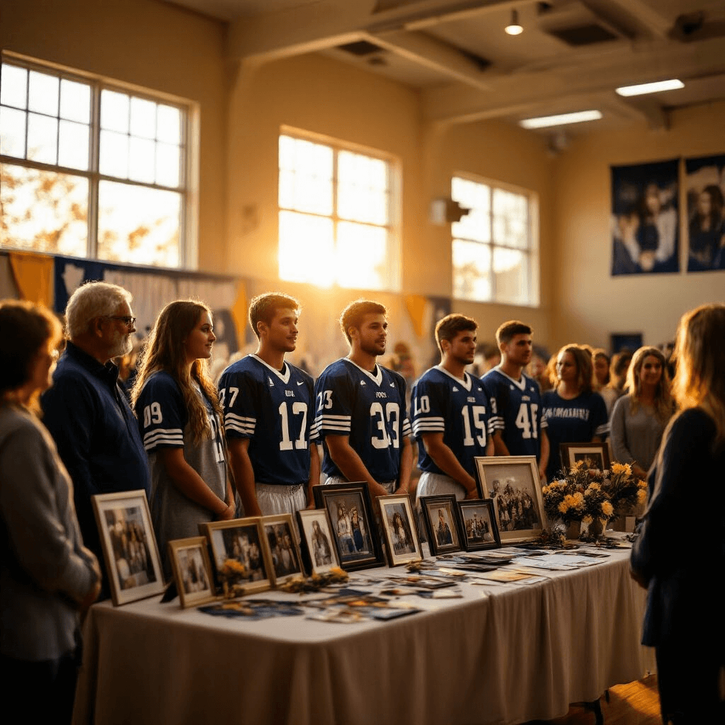 A wide-angle view of a senior night ceremony in a warmly lit gymnasium, showcasing athletes in personalized jerseys, golden light from high windows, a styled presentation area with team colors and memory displays, surrounded by emotional parents and teammates.