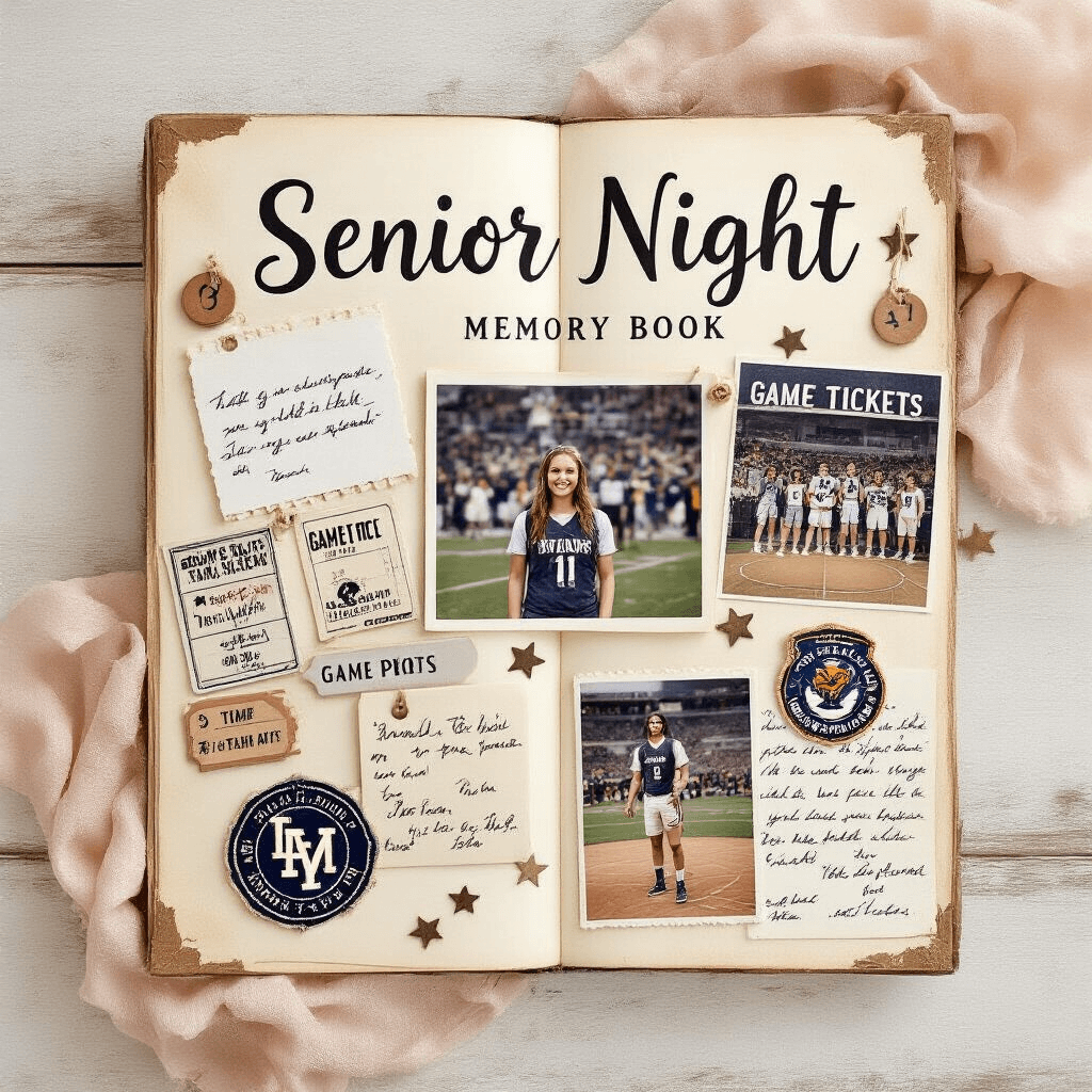 Overhead view of a senior night memory book on a vintage wooden surface, featuring handwritten notes, game tickets, team photos, and mementos arranged with soft natural light, in a blush and cream color palette.