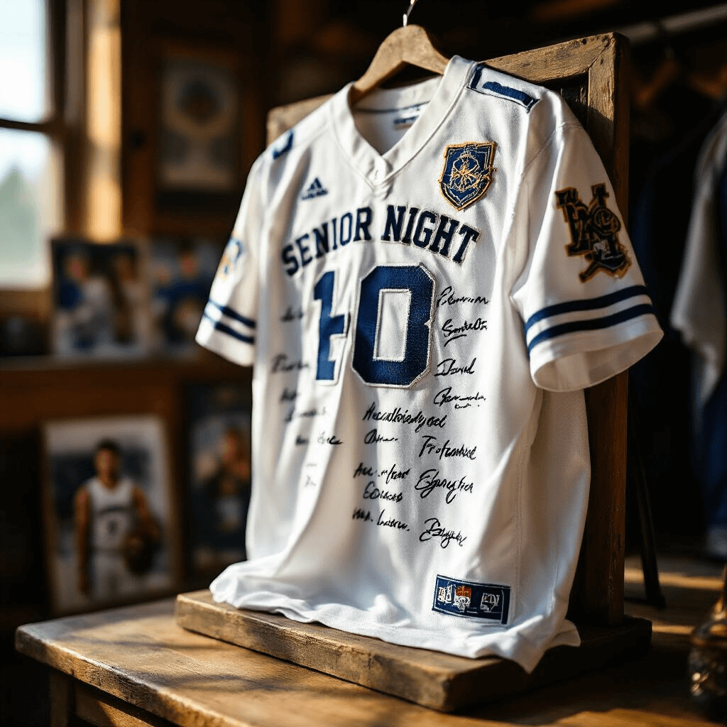 Close-up of a custom senior night jersey on a vintage wooden stand, showcasing embroidered nicknames, heat-pressed signatures, and stitched milestone patches, illuminated by afternoon sunlight in a rustic locker room setting with blurred team photos and memorabilia.