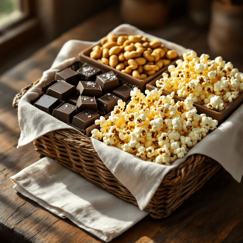 A beautifully arranged gourmet snack basket on a rustic wooden kitchen island, showcasing artisanal dark chocolates, sea salt cashews, and gourmet popcorn, illuminated by warm golden hour lighting, with a crisp linen napkin underneath, all in an earthy color palette.