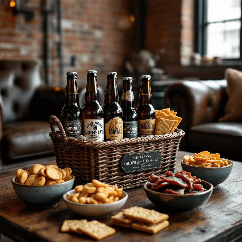 A craft beer gift basket featuring small-batch brewery bottles and gourmet snacks is displayed in an industrial chic living room with an exposed brick wall and a leather armchair, illuminated by soft amber lighting, showcasing close-up details of the beer labels and the textures of crackers and jerky.