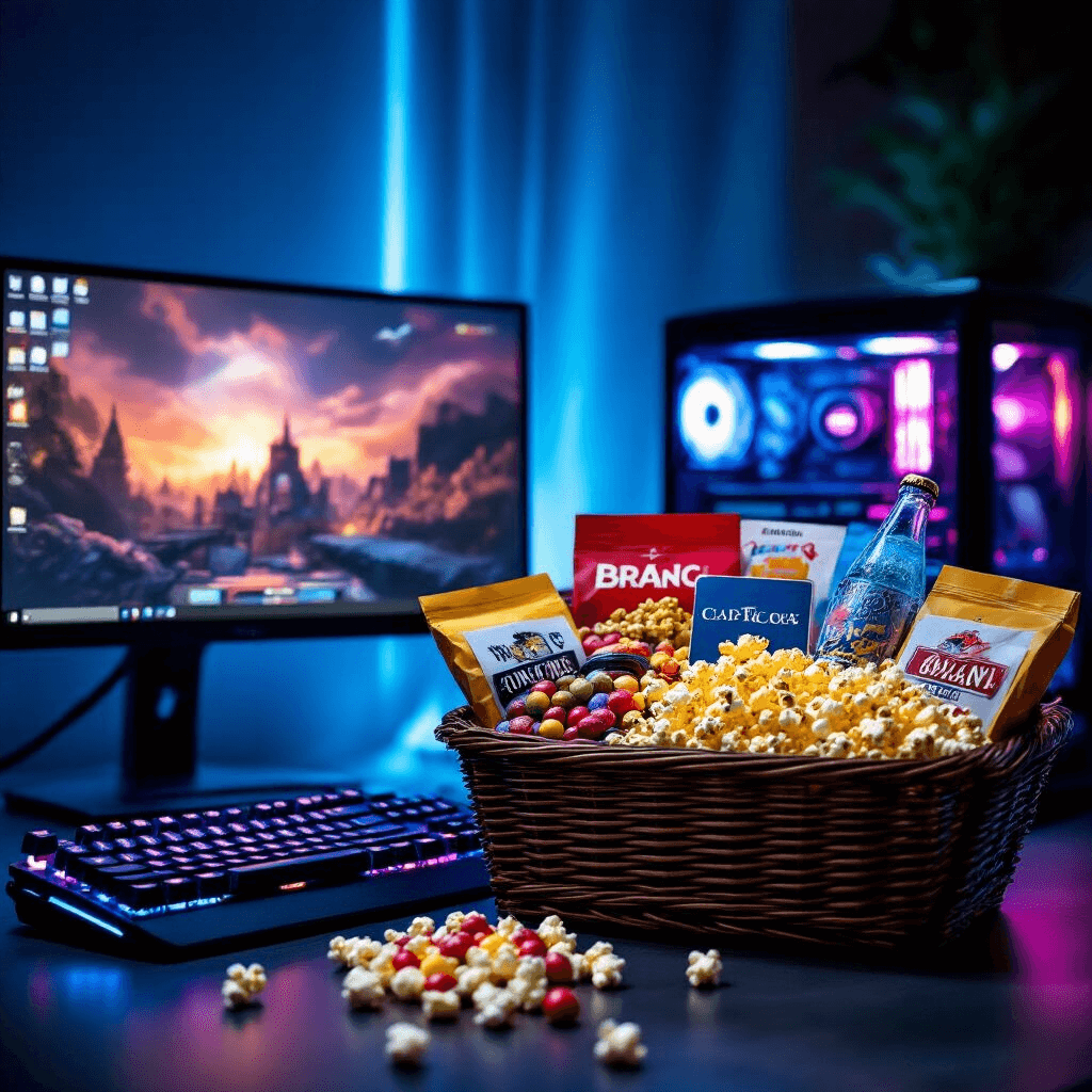 A modern minimalist gaming setup featuring an entertainment and gaming gift basket filled with theater-style candies, craft sodas, and gourmet popcorn kernels, alongside a streaming service gift card, with dramatic side lighting enhancing product textures against a sleek black and electric blue backdrop.