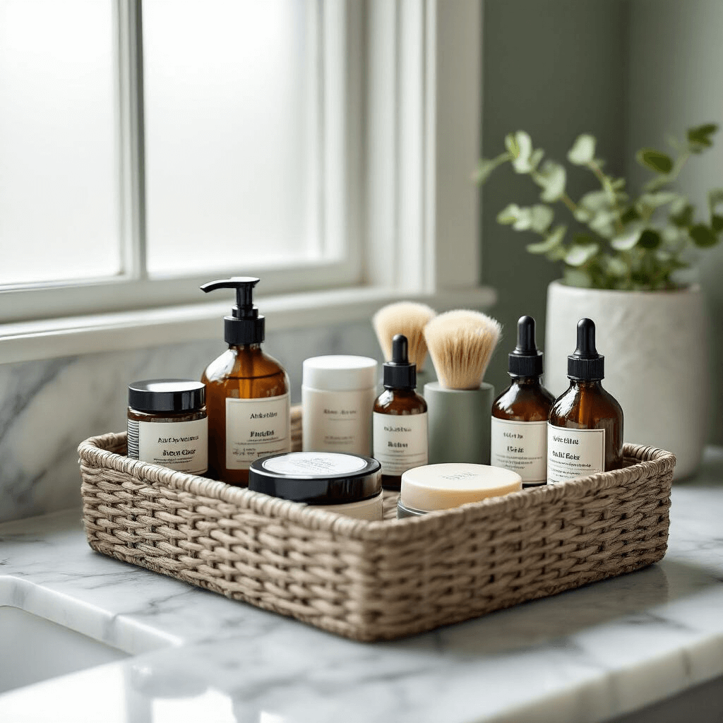 A contemporary bathroom scene featuring a men's grooming basket with beard oils, face wash, and moisturizers in paint can packaging, arranged with geometric precision on marble countertops, illuminated by natural light through a frosted window, showcasing intricate product details in a soft neutral color palette of grays, whites, and muted greens.