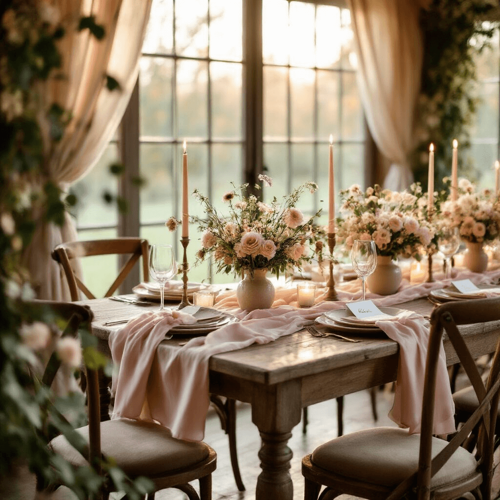 Intimate dining setting at golden hour featuring a rustic wooden farmhouse table with blush pink and cream silk linens, delicate wildflower centerpieces, soft candlelight, personalized place cards, vintage mismatched chairs, sheer drapery, and greenery, all creating an elegant yet cozy atmosphere.