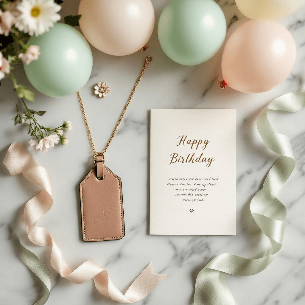 Overhead flat-lay of a personalized birthday gift arrangement on a marble countertop, featuring a monogrammed leather luggage tag, a birth month flower necklace, a handwritten card in soft calligraphy, scattered pastel birthday balloons, and silk ribbons in sage and ivory, all styled with modern minimalism and soft natural lighting.