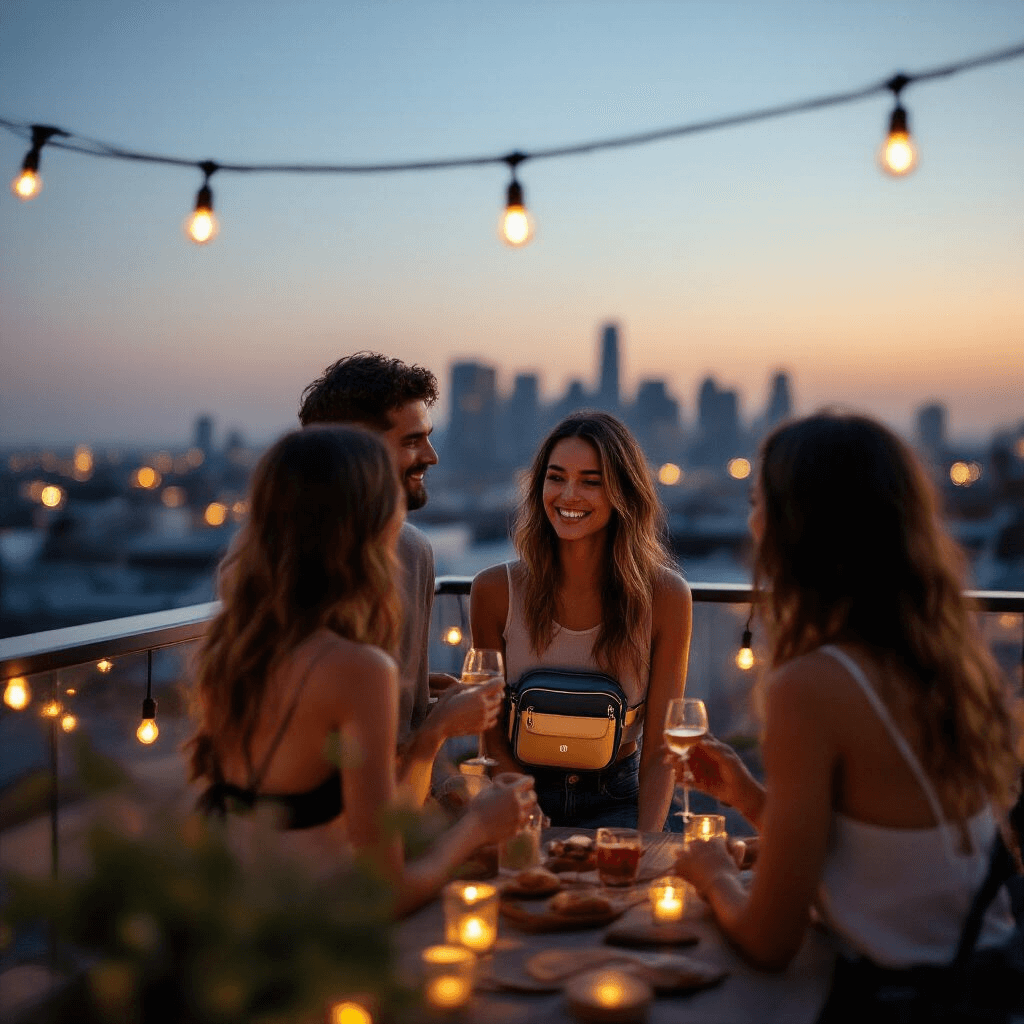 A group of friends celebrate on a rooftop terrace at twilight, showcasing the lululemon Everywhere Belt Bag in various colors against a softly glowing backdrop of fairy lights and a city skyline, reflecting friendship and modern fashion in a warm, nostalgic aesthetic.