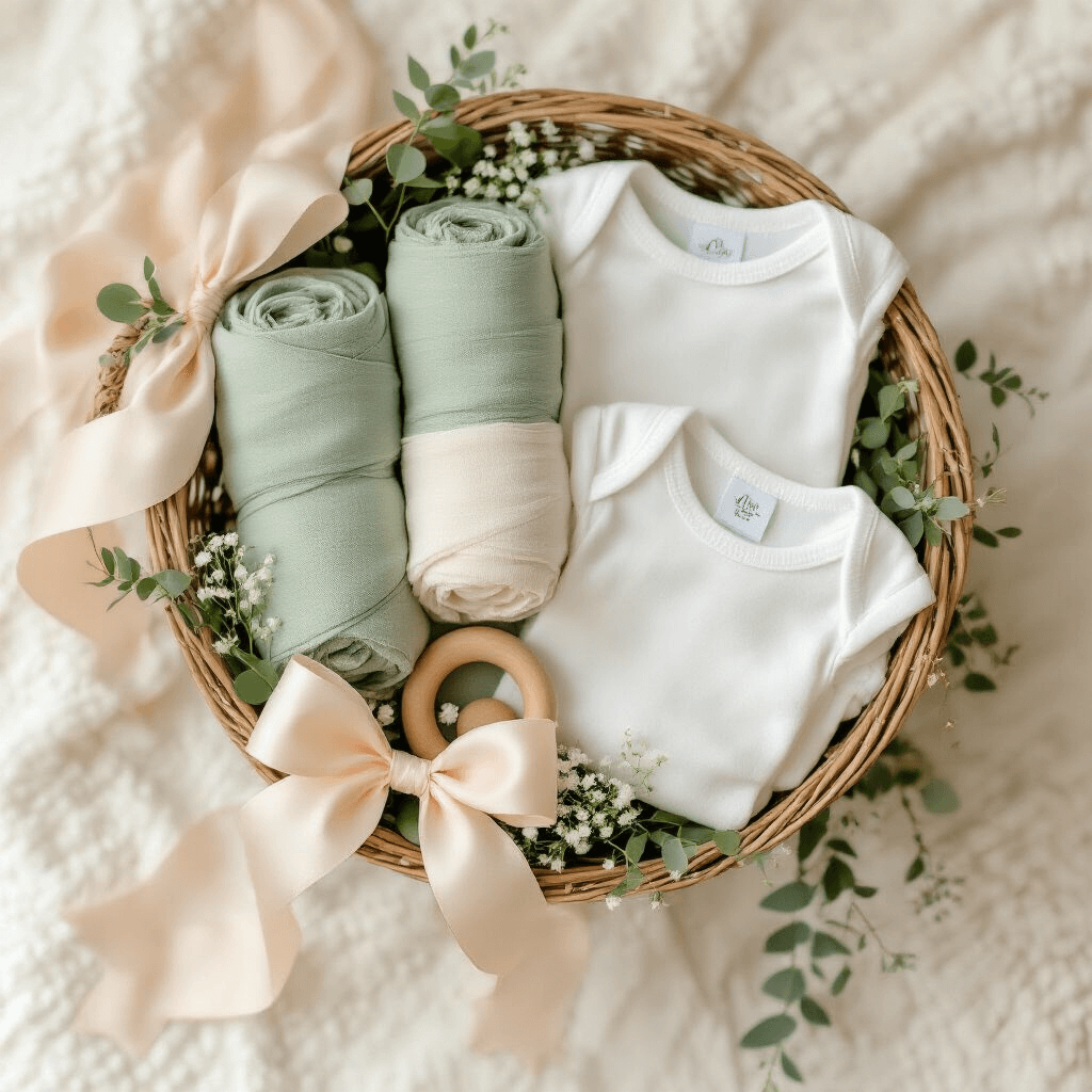 A luxurious baby shower gift basket filled with rolled muslin swaddles, white onesies, a wooden teether, and tummy time cards, photographed from above on a soft white surface with natural golden hour lighting, accented with pale blush ribbon and greenery.