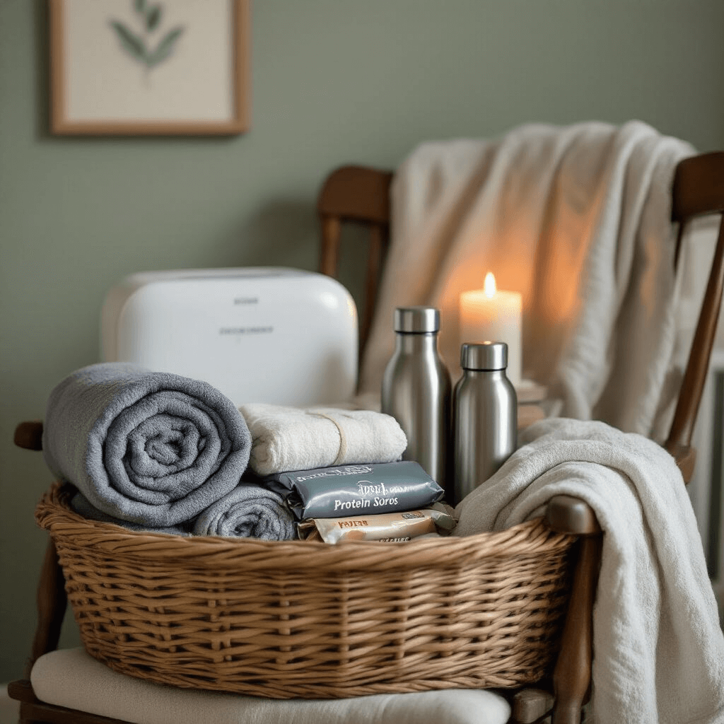 A cozy nursery scene with a midnight survival basket on a vintage rocking chair, featuring rolled burp cloths, a white noise machine, stacked protein bars, a stainless steel water bottle, and a soft muslin swaddle, all illuminated by warm candlelight against a sage green wall.