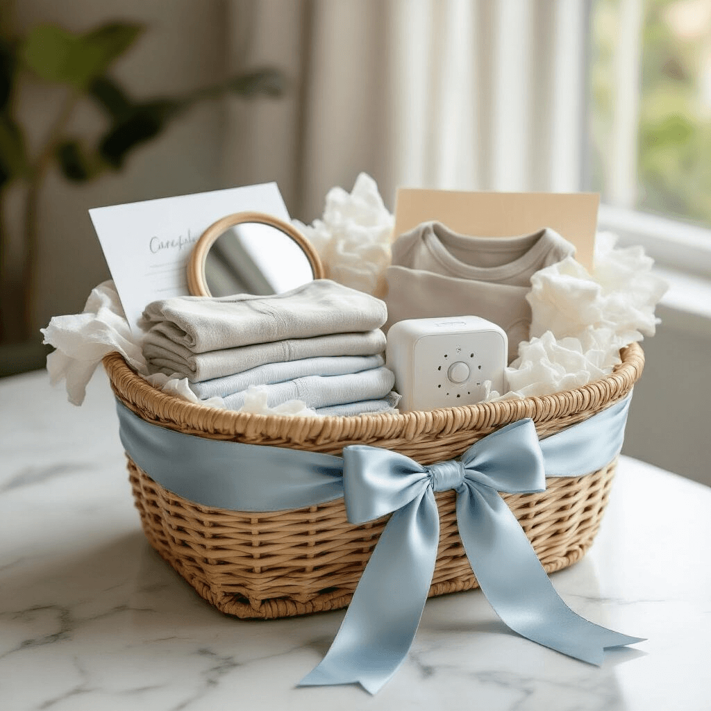 A beautifully arranged car kit baby basket on a marble countertop, featuring a backseat mirror, neutral onesies, a wet bag, wipes, a white noise device, crinkle paper, and a dusty blue ribbon, illuminated by soft natural light.