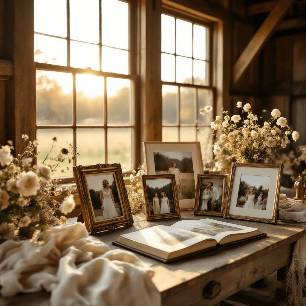 25 Photo Gift Ideas That'll Make Everyone Think You're a Thoughtful Genius A rustic barn interior bathed in warm golden hour light, featuring an elegantly styled display of personalized photo gifts on a wooden table, including canvas prints and photo books, with floral accents and vintage brass frames, creating a nostalgic atmosphere.