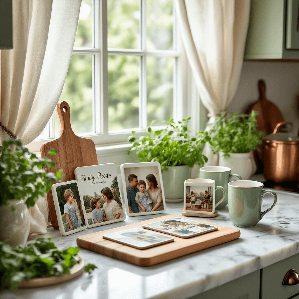 25 Photo Gift Ideas That'll Make Everyone Think You're a Thoughtful Genius An intimate kitchen nook bathed in soft natural light, featuring a marble countertop with personalized photo gifts, including a vintage recipe cutting board, photo coasters, sage green ceramic mugs, a handcrafted photo album, and decorative copper kitchen tools with fresh herb plants.