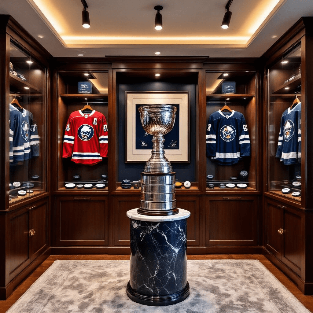 A modern home office showcasing a stylish sports memorabilia display, featuring a glass-fronted mahogany cabinet with illuminated championship hockey pucks, signed jerseys in floating frames, and a limited edition Stanley Cup replica on a marble pedestal, all accented by rich terracotta and deep navy colors.