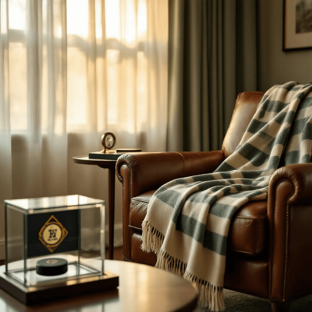 An intimate living room featuring a championship hockey throw blanket draped over a mid-century modern leather armchair, a side table with a crystal display case holding an authenticated game puck, and soft golden hour sunlight filtering through sheer linen curtains, all in a muted sage green and cream color palette.